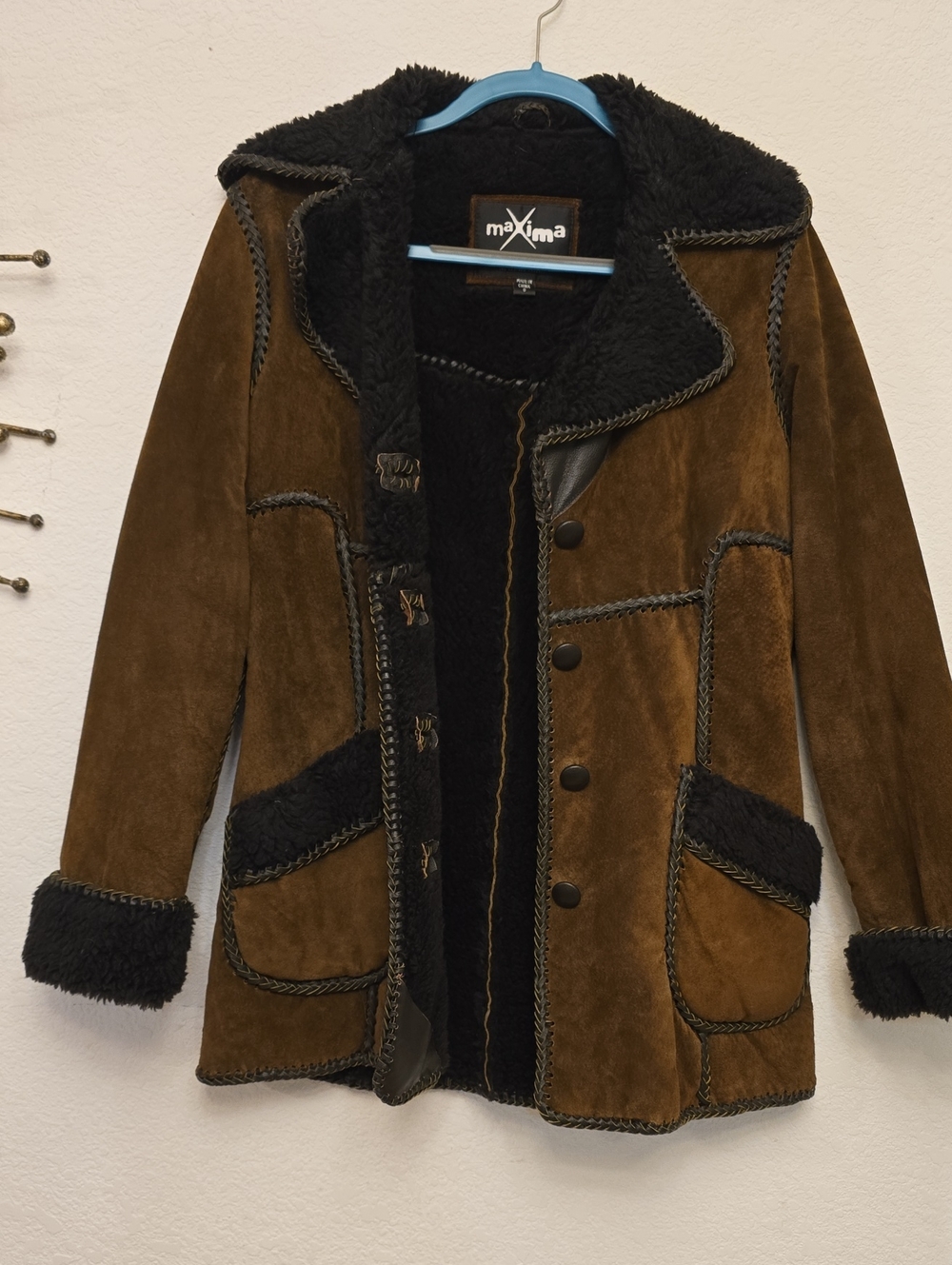 Vintage Maxima Brown  Suede Leather Coat with Black Shearling Trim